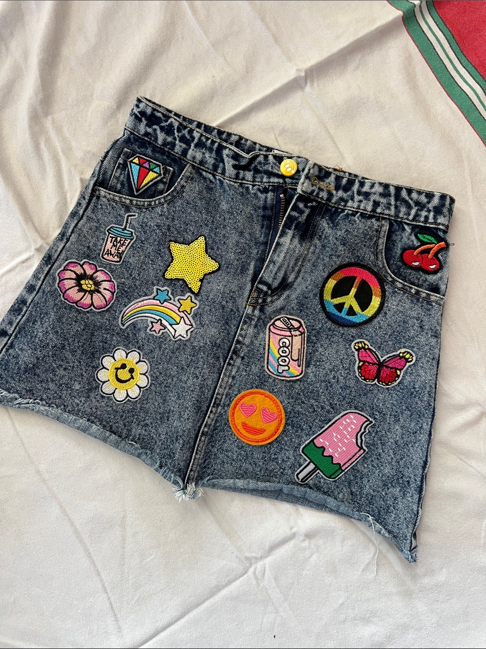 Lola + The Boys Blue Denim Mini Skirt with Colorful Patch Appliqués